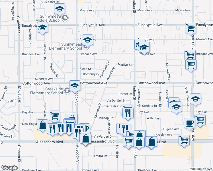 map of restaurants, bars, coffee shops, grocery stores, and more near 24256 Dolan Drive in Moreno Valley