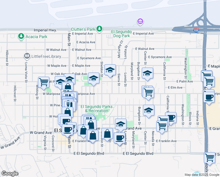 map of restaurants, bars, coffee shops, grocery stores, and more near 615 Penn Street in El Segundo
