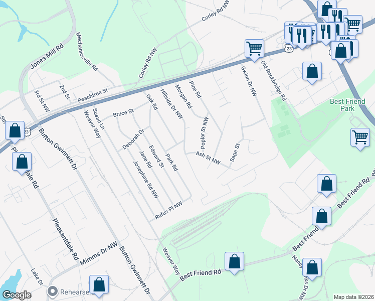 map of restaurants, bars, coffee shops, grocery stores, and more near 5851 Hillside Drive Northwest in Atlanta