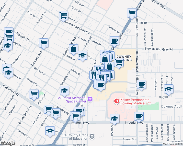map of restaurants, bars, coffee shops, grocery stores, and more near 12152 Marbel Avenue in Downey