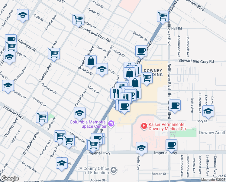 map of restaurants, bars, coffee shops, grocery stores, and more near 12152 Marbel Avenue in Downey