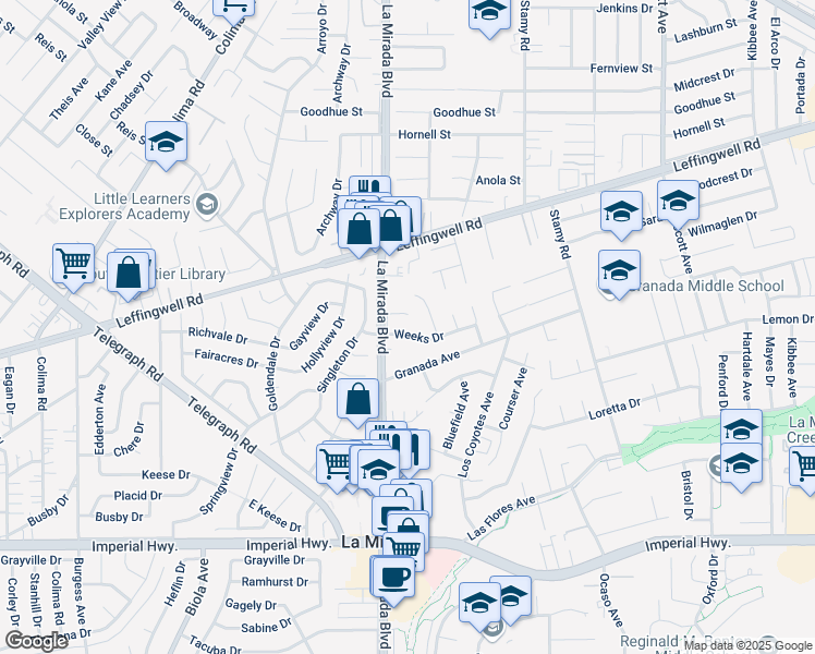map of restaurants, bars, coffee shops, grocery stores, and more near 15027 Weeks Drive in La Mirada