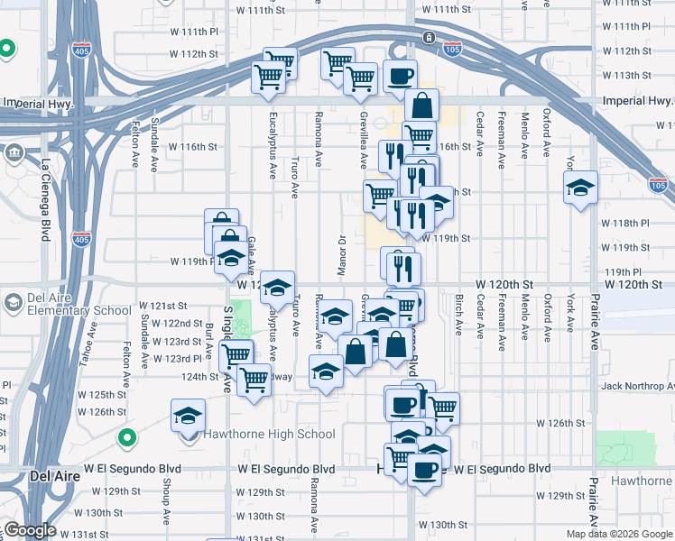 map of restaurants, bars, coffee shops, grocery stores, and more near 11963 Manor Drive in Hawthorne