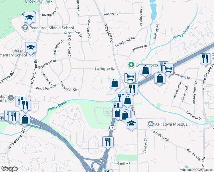 map of restaurants, bars, coffee shops, grocery stores, and more near 4397 Shelborne Drive in Dunwoody