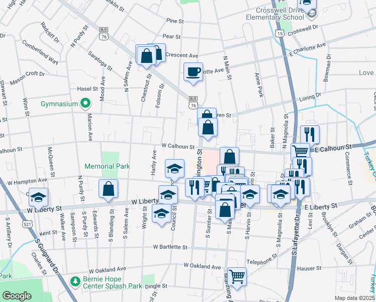 map of restaurants, bars, coffee shops, grocery stores, and more near 129 Church Street in Sumter