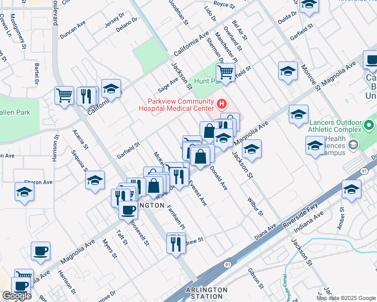 map of restaurants, bars, coffee shops, grocery stores, and more near 3867 Stotts Street in Riverside