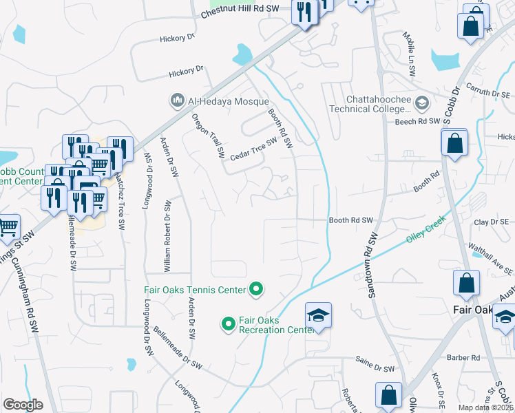 map of restaurants, bars, coffee shops, grocery stores, and more near 1166 Booth Road Southwest in Marietta