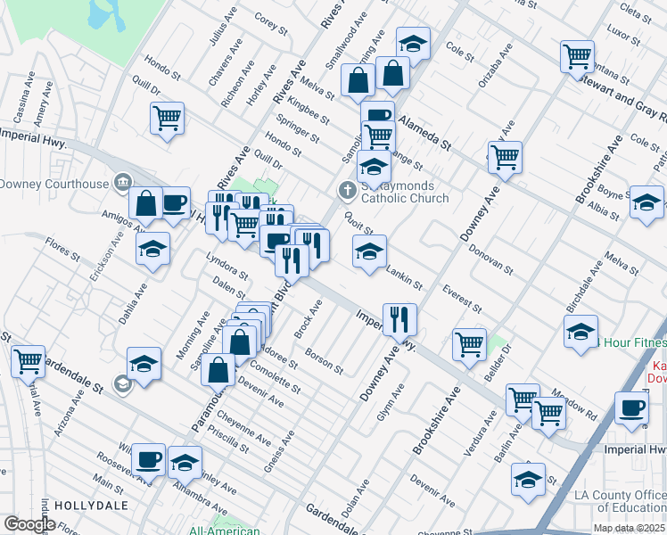 map of restaurants, bars, coffee shops, grocery stores, and more near 12542 Paramount Boulevard in Downey