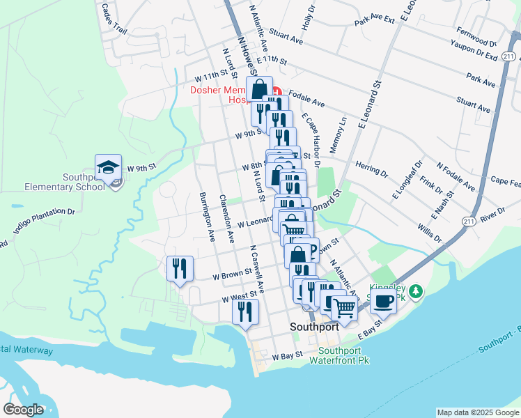map of restaurants, bars, coffee shops, grocery stores, and more near 613 North Lord Street in Southport