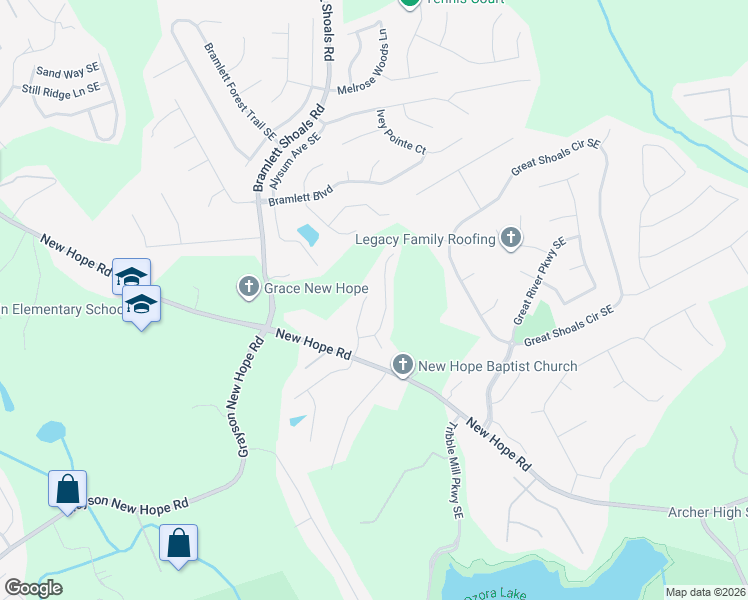 map of restaurants, bars, coffee shops, grocery stores, and more near 1193 Ida Woods Lane Southeast in Lawrenceville
