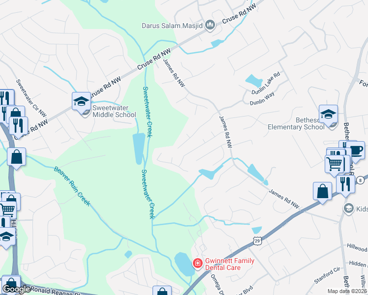 map of restaurants, bars, coffee shops, grocery stores, and more near 3380 Paces Landing Drive Northwest in Lawrenceville
