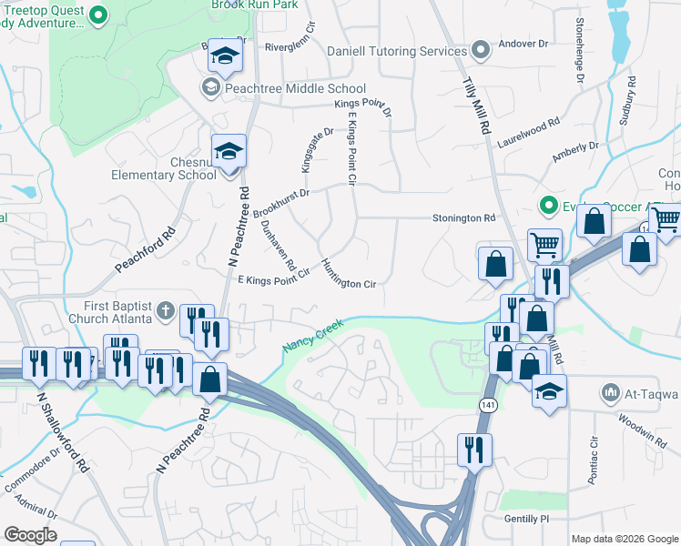map of restaurants, bars, coffee shops, grocery stores, and more near 4393 Huntington Circle in Dunwoody