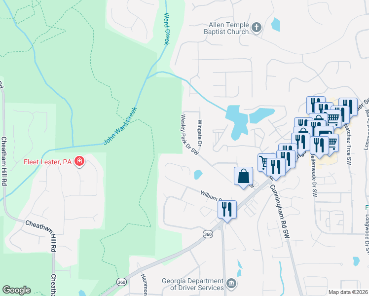 map of restaurants, bars, coffee shops, grocery stores, and more near 1069 Wesley Park Drive Southwest in Marietta