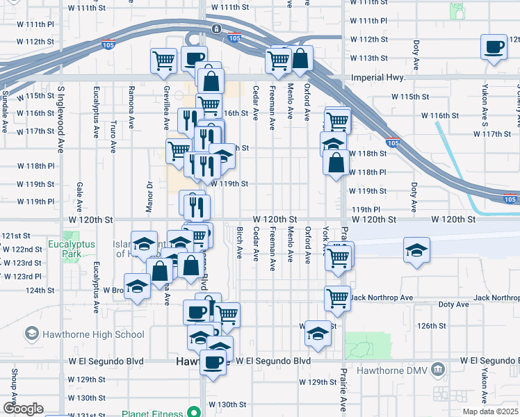 map of restaurants, bars, coffee shops, grocery stores, and more near 11962 Cedar Avenue in Hawthorne