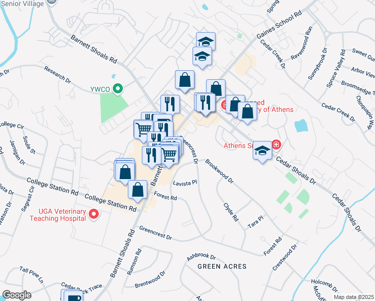 map of restaurants, bars, coffee shops, grocery stores, and more near 535 Greencrest Drive in Athens