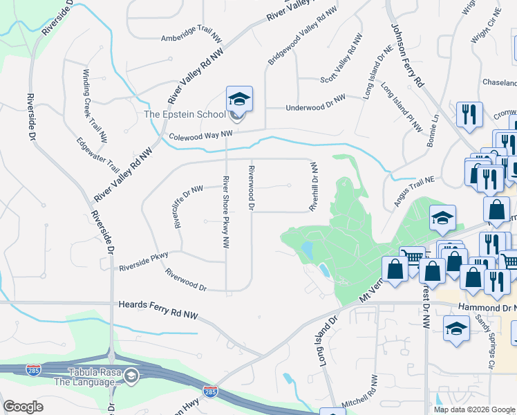 map of restaurants, bars, coffee shops, grocery stores, and more near 5790 Riverwood Drive Northwest in Sandy Springs