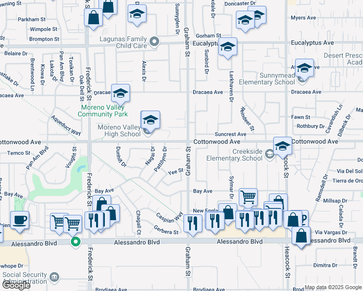 map of restaurants, bars, coffee shops, grocery stores, and more near 23437 Challis Court in Moreno Valley
