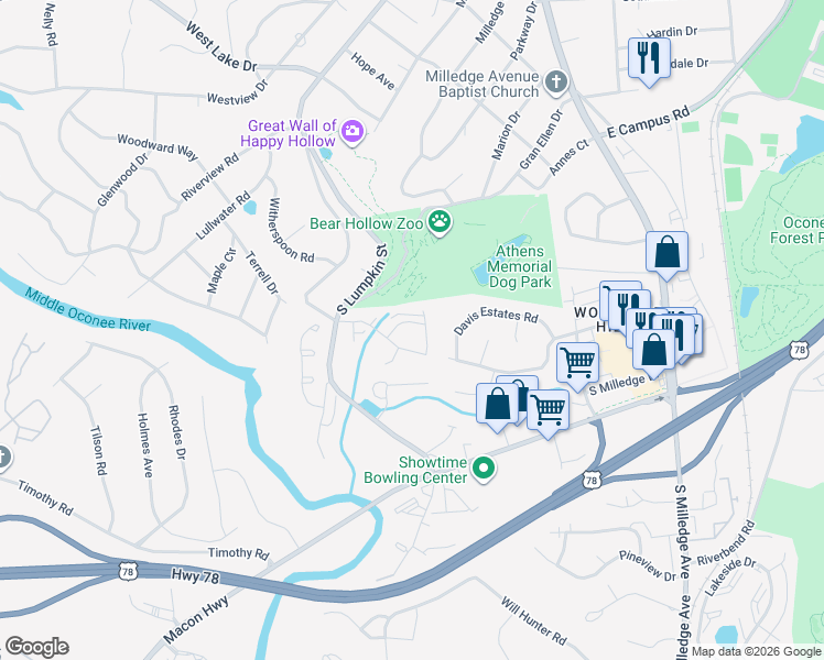 map of restaurants, bars, coffee shops, grocery stores, and more near 127 Oxford Court in Athens