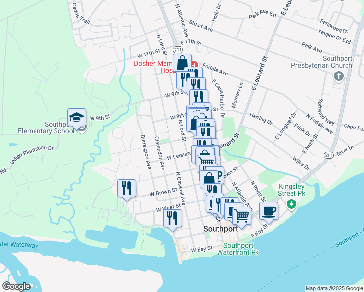 map of restaurants, bars, coffee shops, grocery stores, and more near 613 North Lord Street in Southport