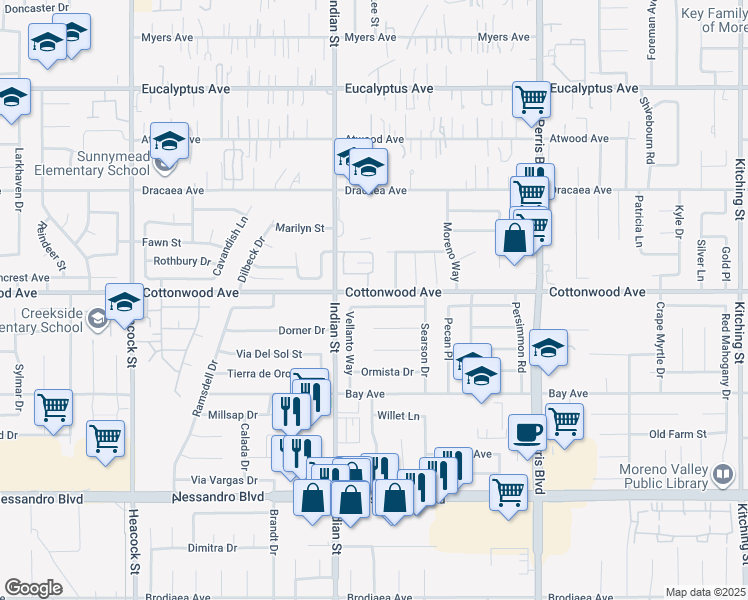 map of restaurants, bars, coffee shops, grocery stores, and more near 13569 Vellanto Way in Moreno Valley