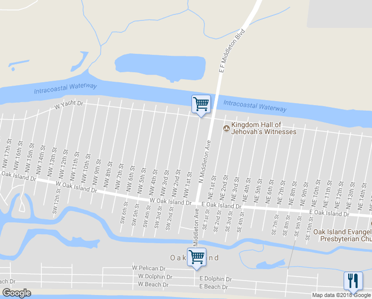 map of restaurants, bars, coffee shops, grocery stores, and more near 144 Northwest 2nd Street in Oak Island