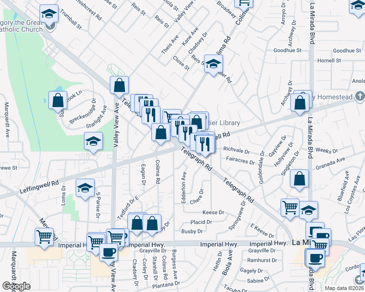 map of restaurants, bars, coffee shops, grocery stores, and more near Leffingwell Rd & Telegraph Rd in Whittier