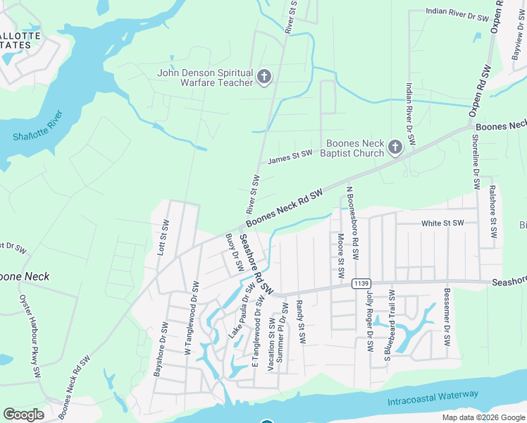 map of restaurants, bars, coffee shops, grocery stores, and more near 3010 Boones Neck Road Southwest in Brunswick County