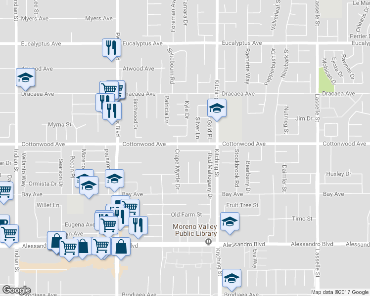 map of restaurants, bars, coffee shops, grocery stores, and more near 13524 Red Mahogany Drive in Moreno Valley