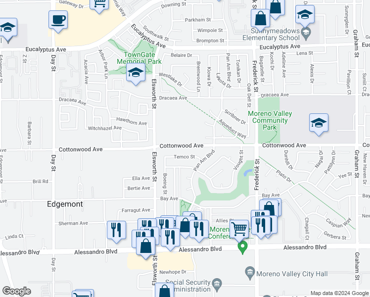 map of restaurants, bars, coffee shops, grocery stores, and more near 22631 Cottonwood Avenue in Moreno Valley