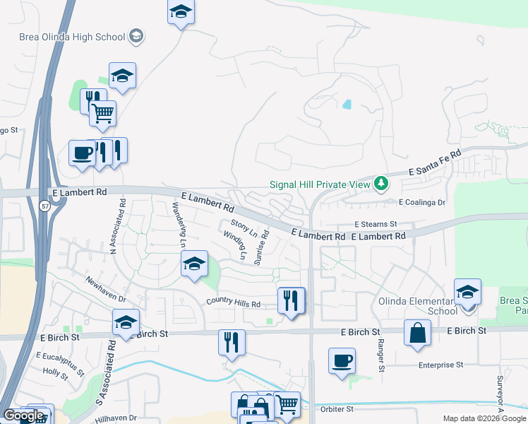 map of restaurants, bars, coffee shops, grocery stores, and more near 2389 Skyline Drive in Brea