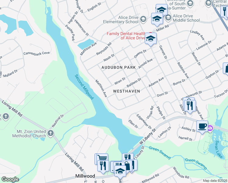 map of restaurants, bars, coffee shops, grocery stores, and more near 729 Baldwin Drive in Sumter