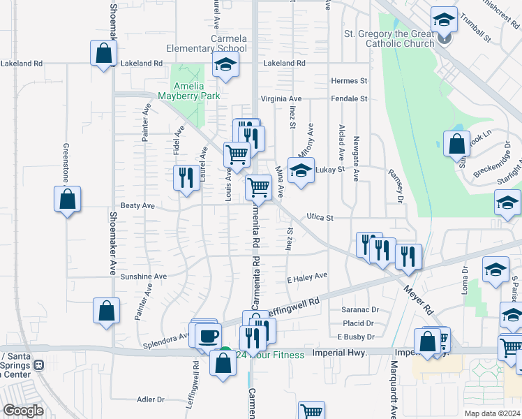 map of restaurants, bars, coffee shops, grocery stores, and more near 11810 Carmenita Road in Whittier