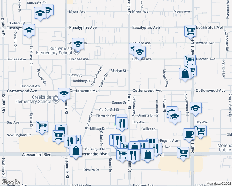 map of restaurants, bars, coffee shops, grocery stores, and more near 24395 Cottonwood Avenue in Moreno Valley