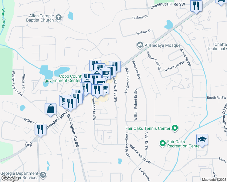 map of restaurants, bars, coffee shops, grocery stores, and more near 1220 Natchez Trce Southwest in Marietta