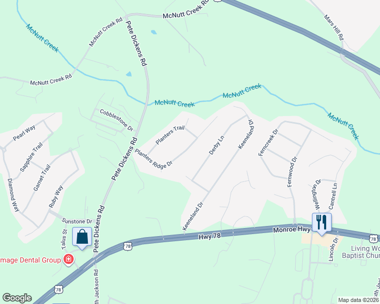 map of restaurants, bars, coffee shops, grocery stores, and more near 1180 Planters Ridge Drive in Bogart