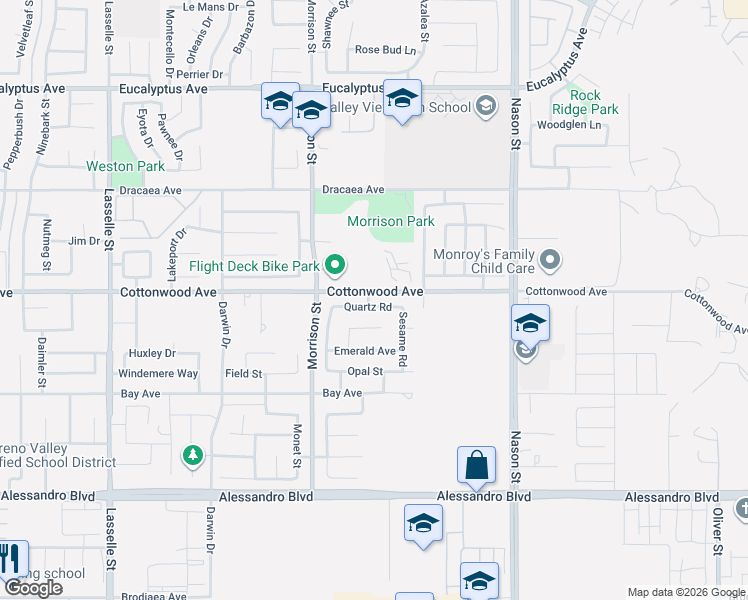 map of restaurants, bars, coffee shops, grocery stores, and more near 26603 Quartz Road in Moreno Valley
