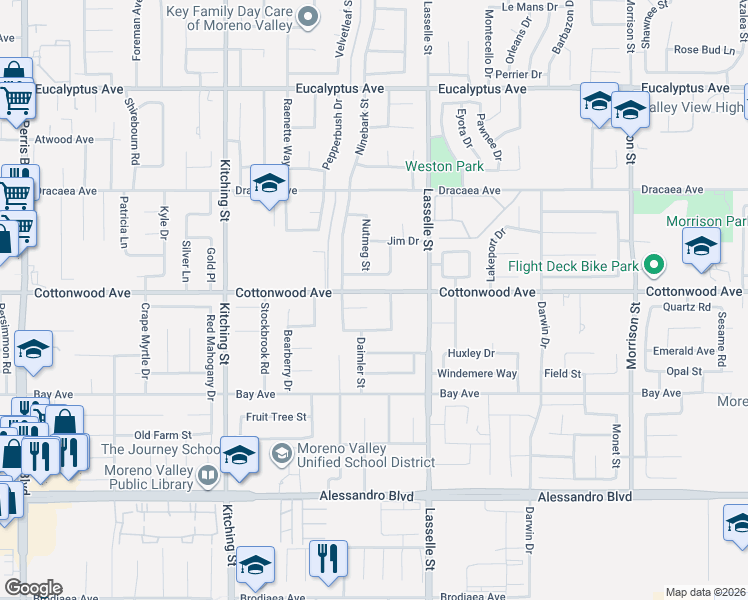map of restaurants, bars, coffee shops, grocery stores, and more near 25823 Cayenne Court in Moreno Valley