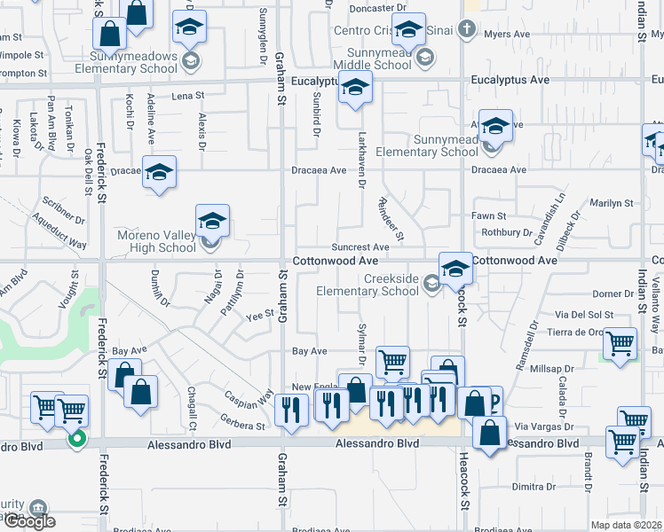map of restaurants, bars, coffee shops, grocery stores, and more near in Moreno Valley