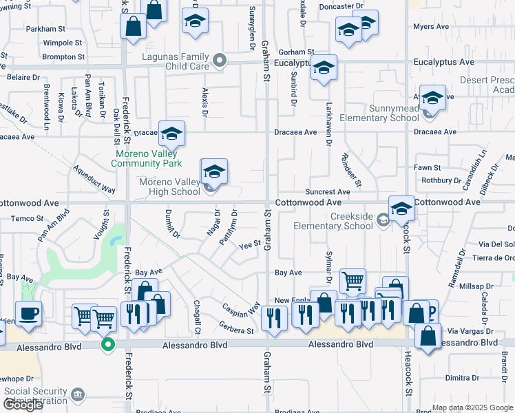 map of restaurants, bars, coffee shops, grocery stores, and more near 23437 Challis Court in Moreno Valley