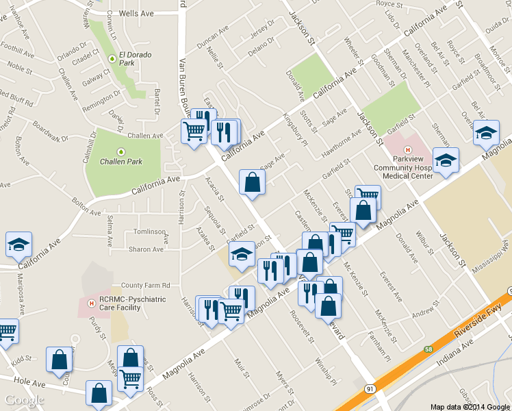 map of restaurants, bars, coffee shops, grocery stores, and more near 4042 Van Buren Boulevard in Riverside