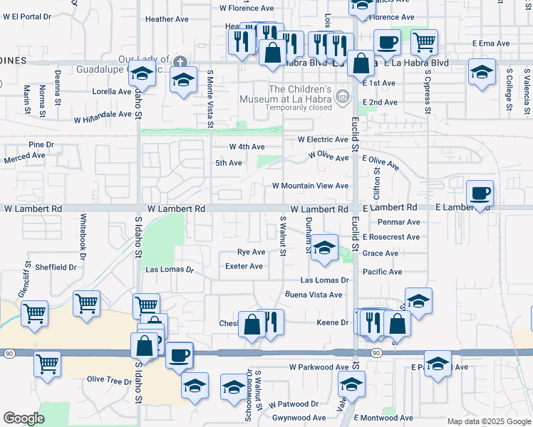 map of restaurants, bars, coffee shops, grocery stores, and more near 537 Stone Harbor Circle in La Habra