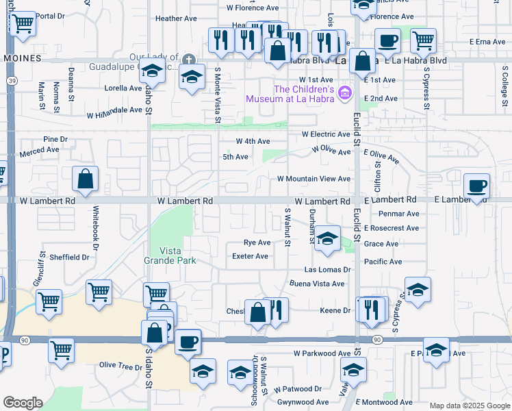 map of restaurants, bars, coffee shops, grocery stores, and more near 640 West Lambert Road in La Habra