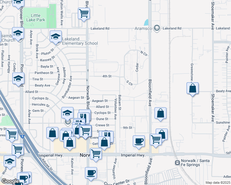 map of restaurants, bars, coffee shops, grocery stores, and more near 12330 Beaty Avenue in Norwalk
