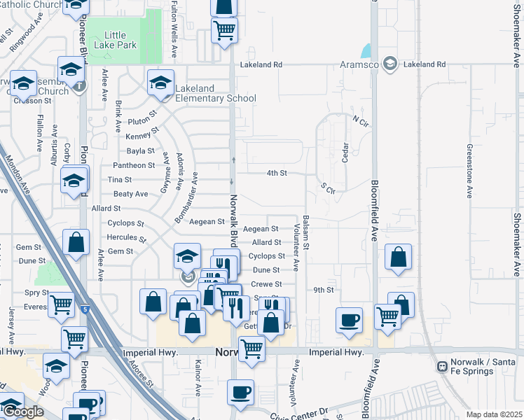 map of restaurants, bars, coffee shops, grocery stores, and more near 12246 Beaty Avenue in Norwalk