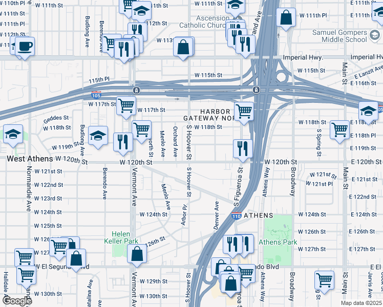 map of restaurants, bars, coffee shops, grocery stores, and more near 11935 South Hoover Street in Los Angeles
