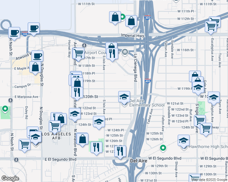 map of restaurants, bars, coffee shops, grocery stores, and more near 5309 West 120th Street in Inglewood