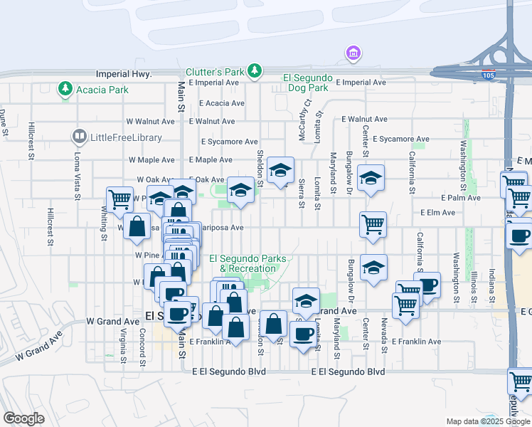 map of restaurants, bars, coffee shops, grocery stores, and more near 613 Sheldon Street in El Segundo
