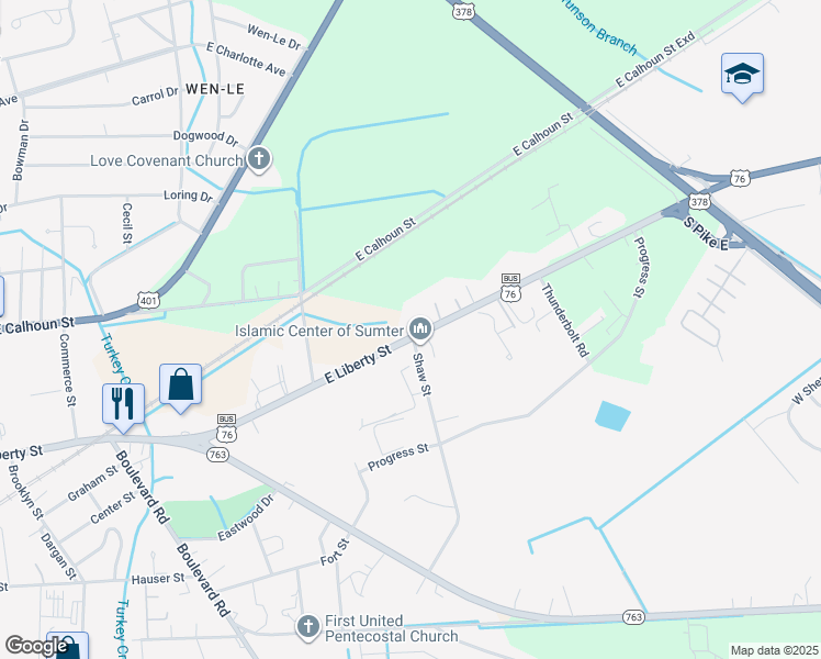 map of restaurants, bars, coffee shops, grocery stores, and more near 600 East Liberty Street in Sumter