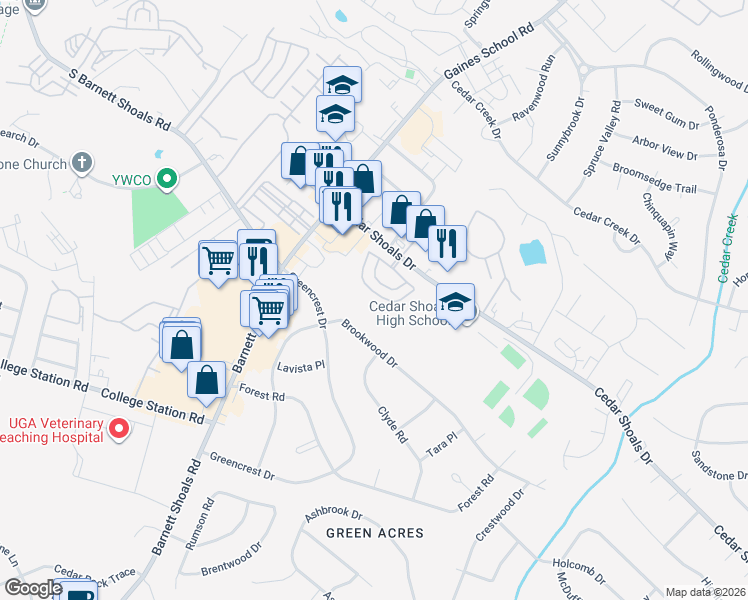 map of restaurants, bars, coffee shops, grocery stores, and more near 176 Scandia Circle in Athens
