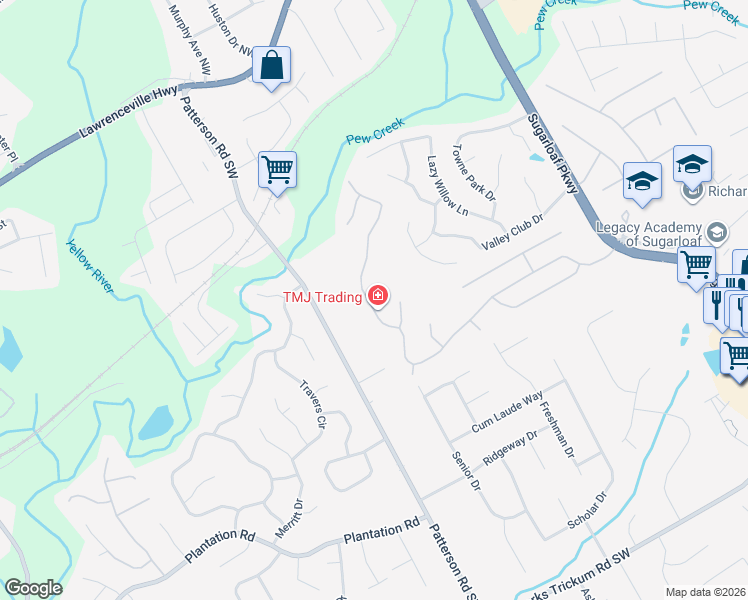 map of restaurants, bars, coffee shops, grocery stores, and more near 2117 Longmont Drive in Lawrenceville